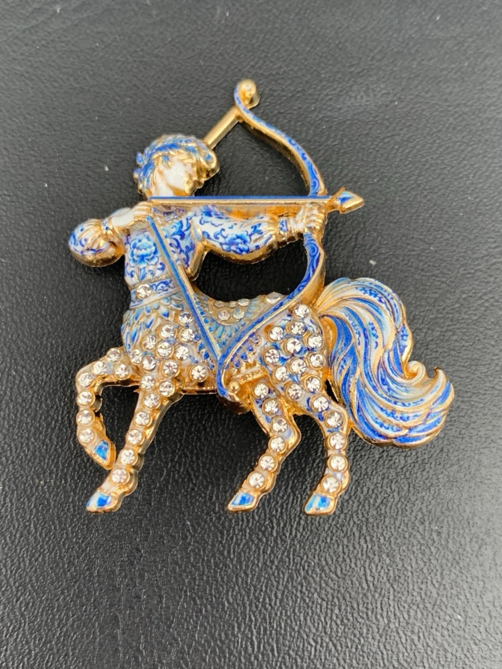 Sagittarius Zodiac Centaur Archer Rhinestone Enamel Brooch - Blue & Gold Tone